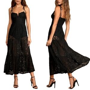 NEW LULUS Extra Alluring BLACK Lace TIERED Tie-Strap BODYSUIT Maxi DRESS XS